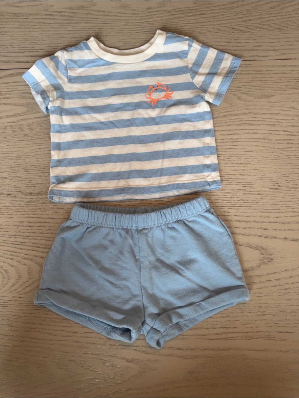 Kids Striped Short Set with Crab Accent - Light Blue & White